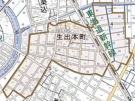 生出河戸町とその周辺の地図。町の範囲を重ねている