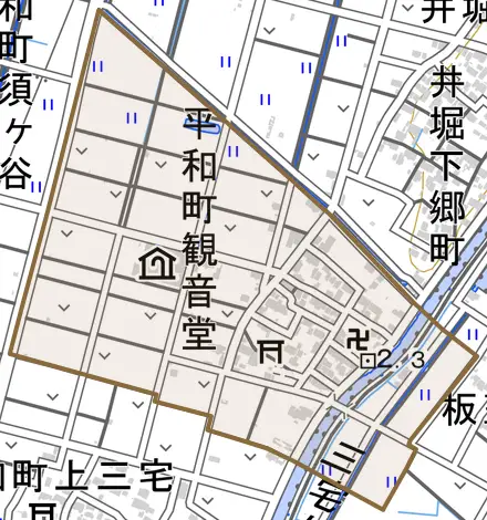 平和町観音堂とその周辺の地図。町の範囲を重ねている