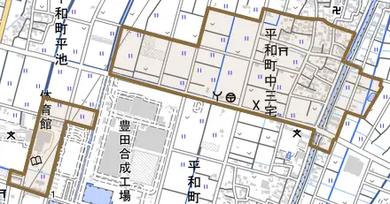 平和町中三宅とその周辺の地図。町の範囲を重ねている