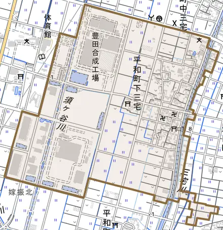 平和町下三宅とその周辺の地図。町の範囲を重ねている