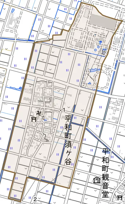 平和町須ケ谷とその周辺の地図。町の範囲を重ねている