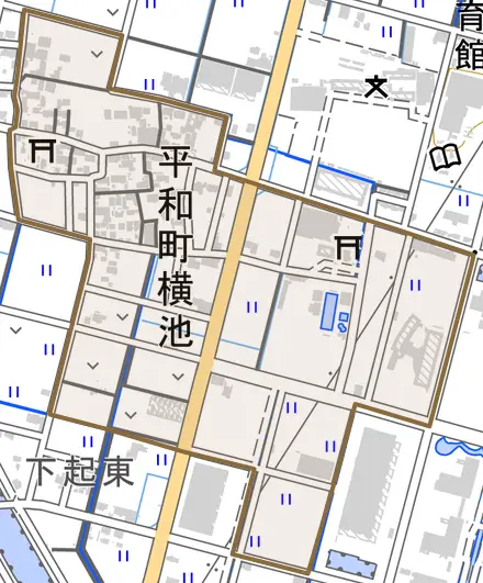 平和町横池とその周辺の地図。町の範囲を重ねている