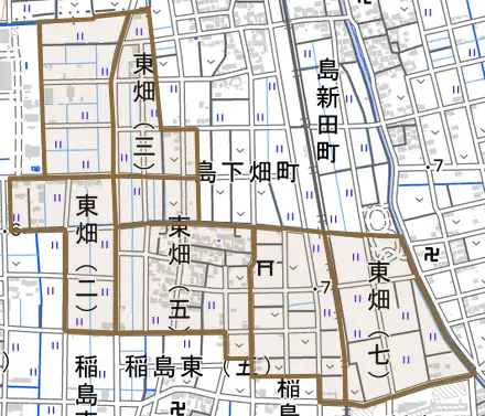 東畑とその周辺の地図。町の範囲を重ねている