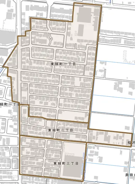 東緑町とその周辺の地図。町の範囲を重ねている