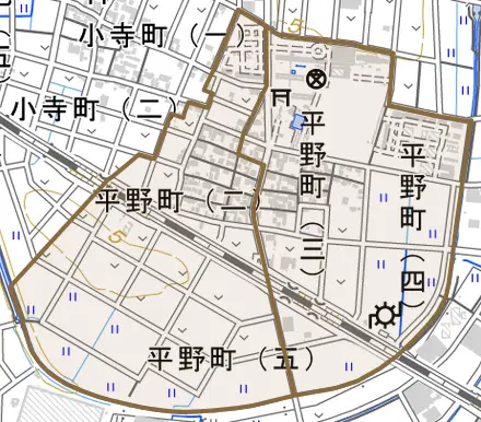 平野町とその周辺の地図。町の範囲を重ねている