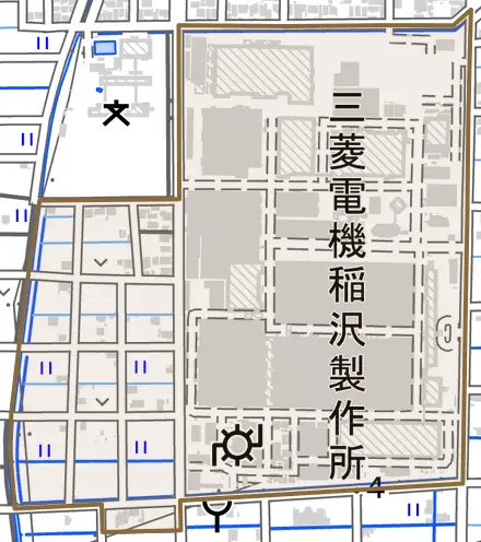 菱町とその周辺の地図。町の範囲を重ねている