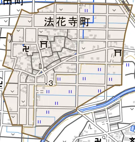 法花寺町とその周辺の地図。町の範囲を重ねている