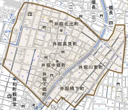 井堀中郷町とその周辺の地図。町の範囲を重ねている