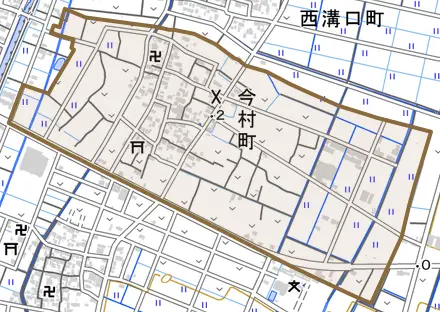 今村町とその周辺の地図。町の範囲を重ねている