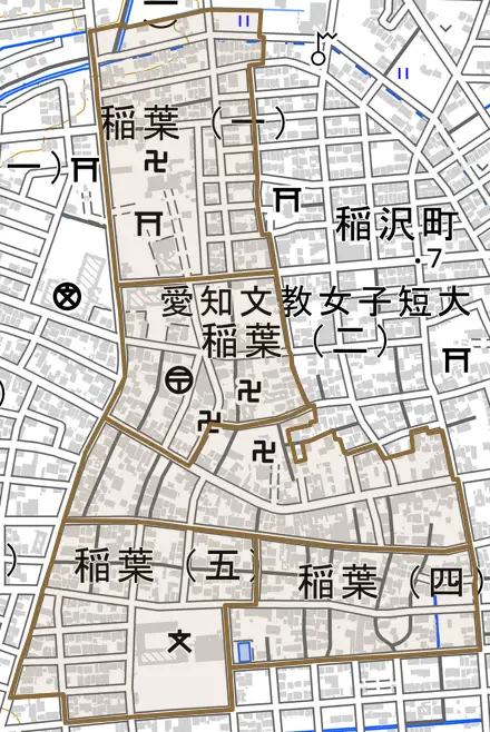 稲葉とその周辺の地図。町の範囲を重ねている