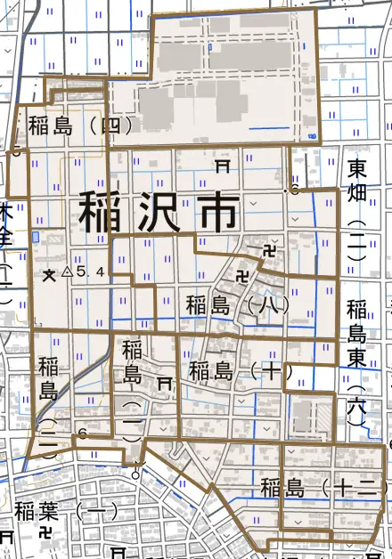 稲島とその周辺の地図。町の範囲を重ねている