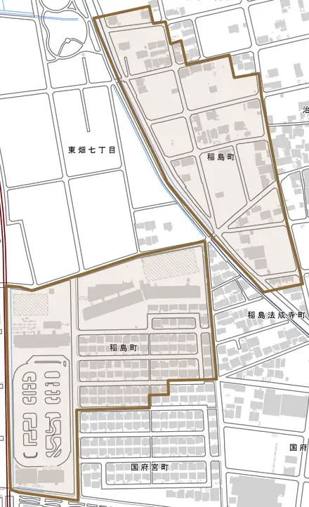 稲島町とその周辺の地図。町の範囲を重ねている