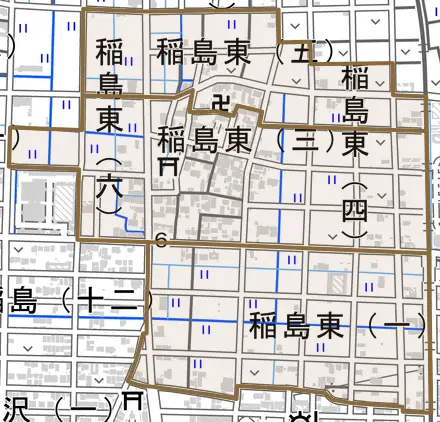 稲島東とその周辺の地図。町の範囲を重ねている