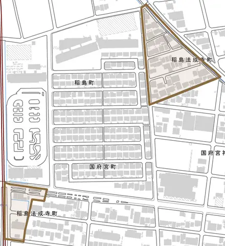 稲島法成寺町とその周辺の地図。町の範囲を重ねている