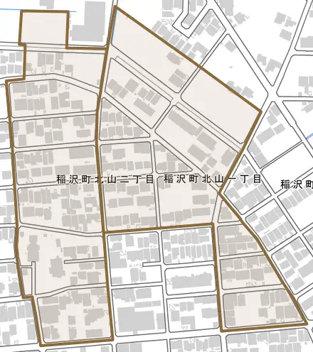稲沢町北山とその周辺の地図。町の範囲を重ねている