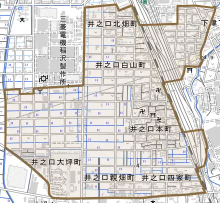 井之口北畑町とその周辺の地図。町の範囲を重ねている