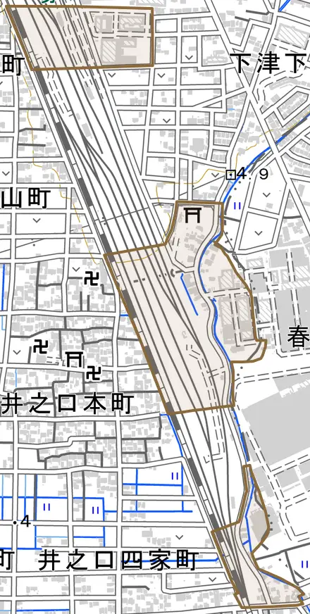 井之口町とその周辺の地図。町の範囲を重ねている