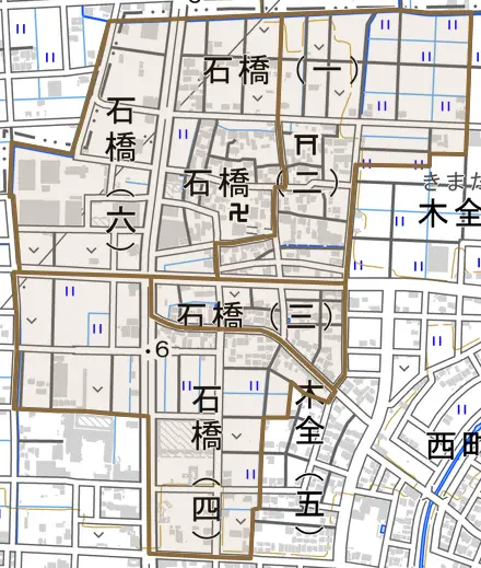 石橋とその周辺の地図。町の範囲を重ねている