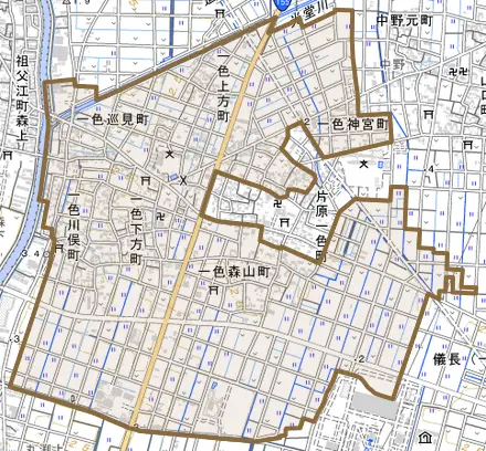 一色西町とその周辺の地図。町の範囲を重ねている
