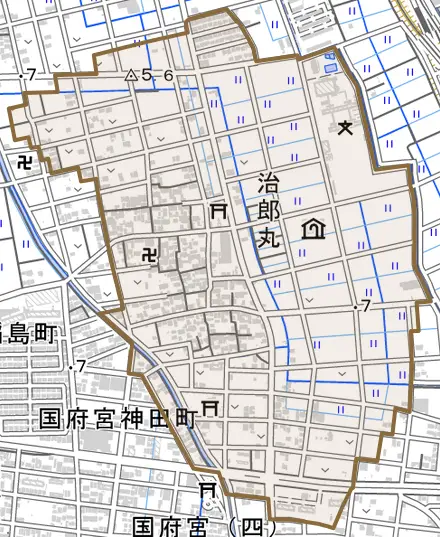 治郎丸大角町とその周辺の地図。町の範囲を重ねている