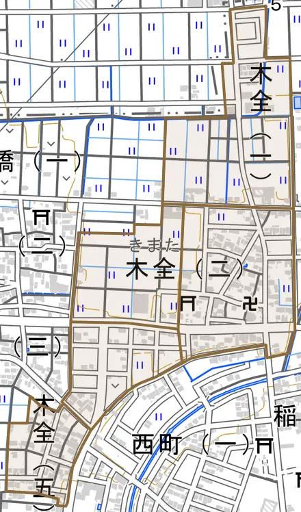 木全とその周辺の地図。町の範囲を重ねている