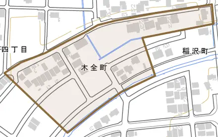 木全町とその周辺の地図。町の範囲を重ねている