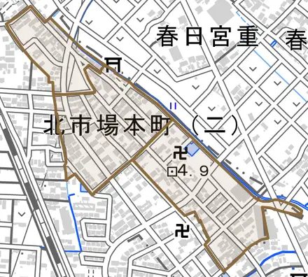 北市場本町とその周辺の地図。町の範囲を重ねている