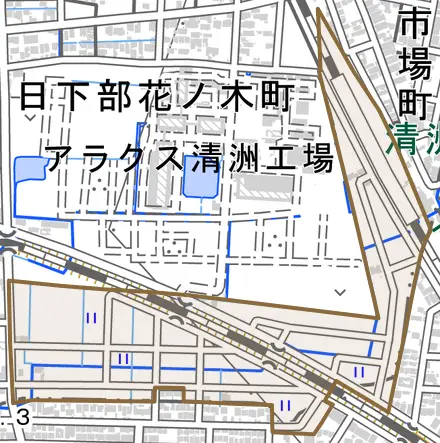 北市場西町とその周辺の地図。町の範囲を重ねている