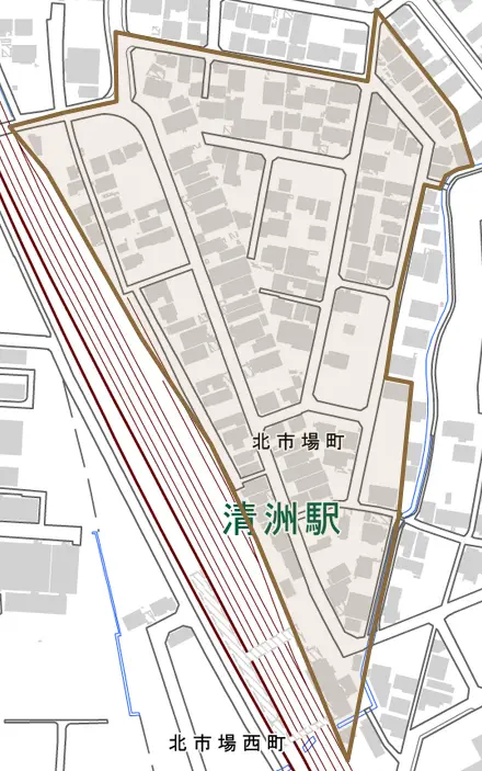 北市場町とその周辺の地図。町の範囲を重ねている