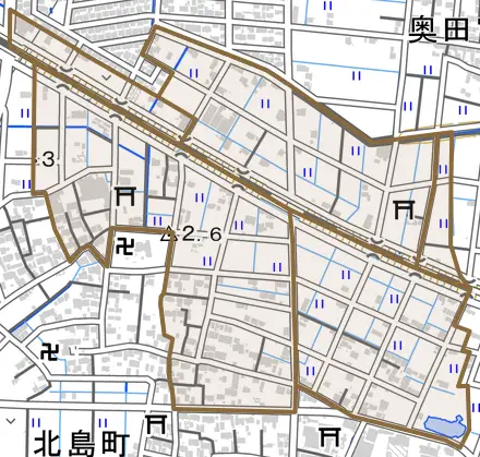 北島とその周辺の地図。町の範囲を重ねている