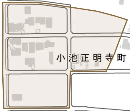 小池正明寺町とその周辺の地図。町の範囲を重ねている