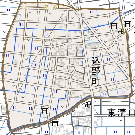 込野町とその周辺の地図。町の範囲を重ねている