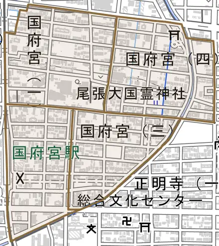 国府宮とその周辺の地図。町の範囲を重ねている