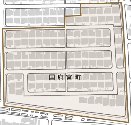 国府宮町とその周辺の地図。町の範囲を重ねている