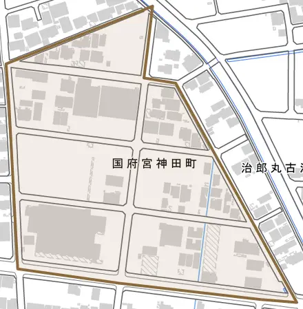 国府宮神田町とその周辺の地図。町の範囲を重ねている