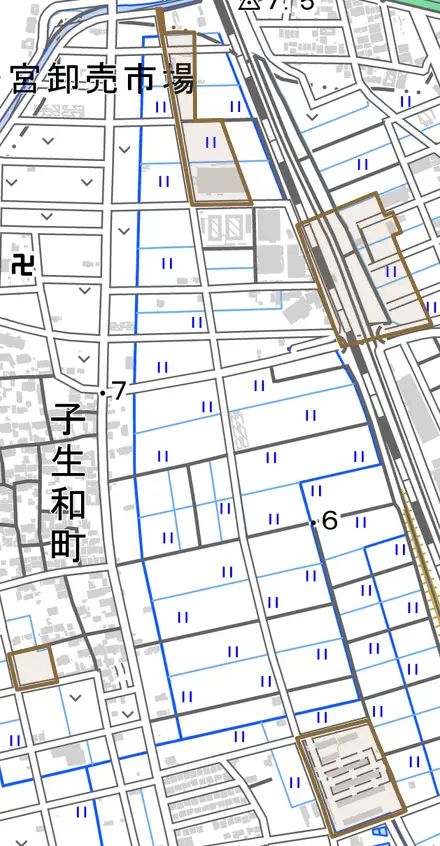 子生和坂田町とその周辺の地図。町の範囲を重ねている