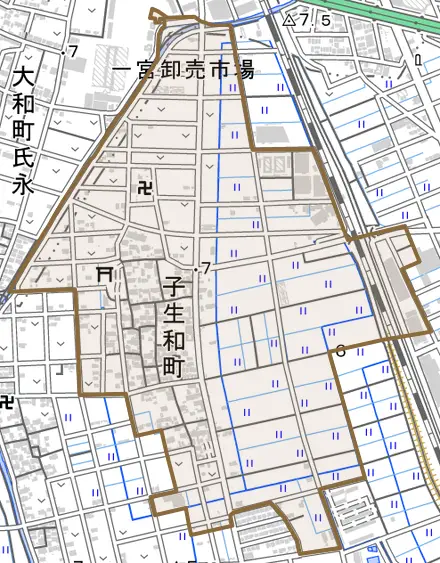 子生和町とその周辺の地図。町の範囲を重ねている