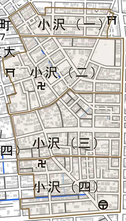 小沢とその周辺の地図。町の範囲を重ねている