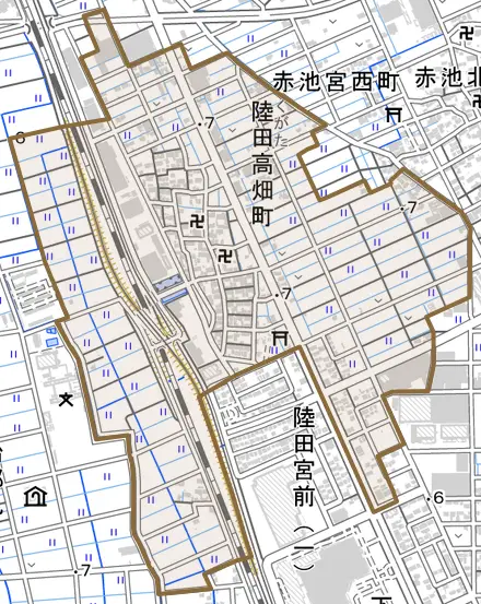 陸田本町とその周辺の地図。町の範囲を重ねている