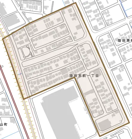 陸田宮前とその周辺の地図。町の範囲を重ねている