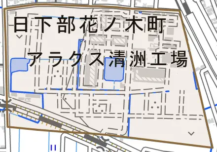 日下部花ノ木町とその周辺の地図。町の範囲を重ねている