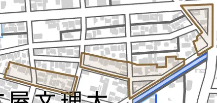前田とその周辺の地図。町の範囲を重ねている
