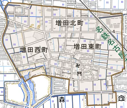 増田西町とその周辺の地図。町の範囲を重ねている