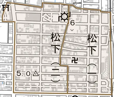 松下とその周辺の地図。町の範囲を重ねている