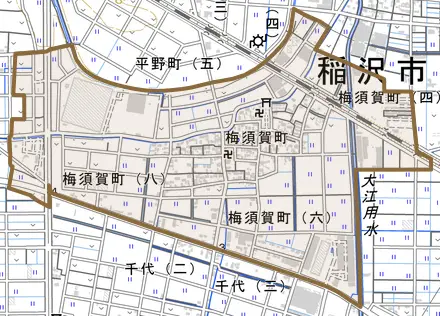 梅須賀町とその周辺の地図。町の範囲を重ねている