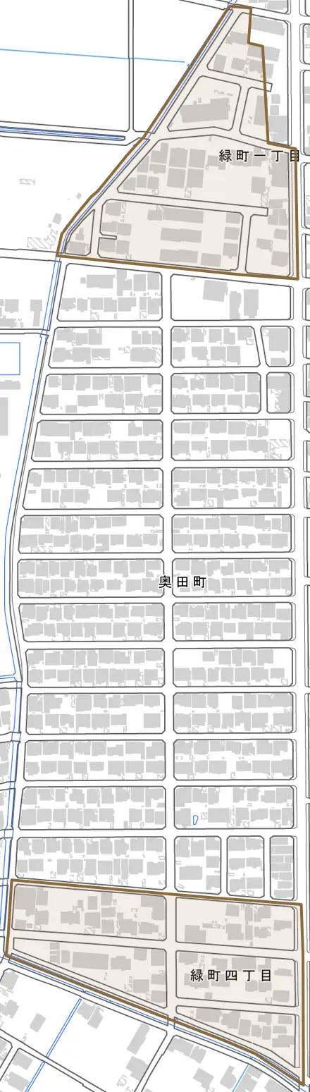 緑町とその周辺の地図。町の範囲を重ねている