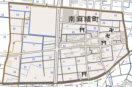 南麻績町とその周辺の地図。町の範囲を重ねている