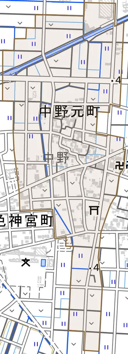 中野元町とその周辺の地図。町の範囲を重ねている