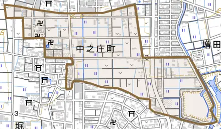 中之庄海道町とその周辺の地図。町の範囲を重ねている