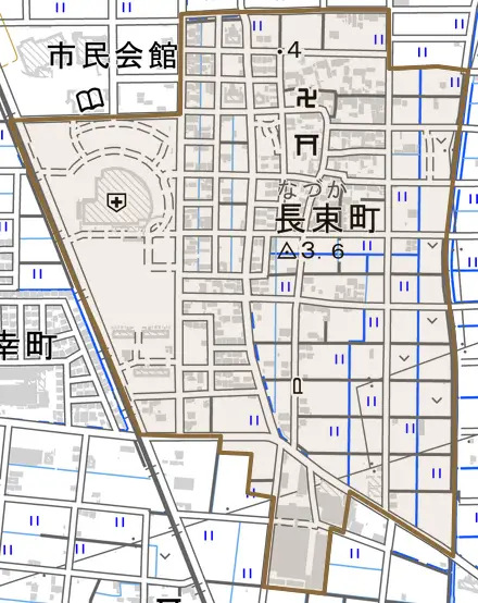 長束町とその周辺の地図。町の範囲を重ねている